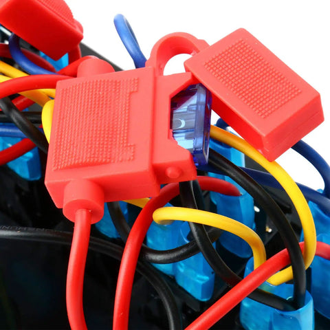 Close-up of wiring and fuse connector in Waterproof 8 Gang Rocker Switch Panel With Digital Voltmeter Dual USB Charger 12V Cigarette