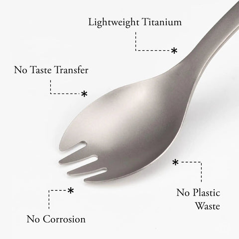 Ultra Lightweight Titanium Spork For Outdoors Camping Utensil Durable Backpacking Cutlery For Hiking close-up with features