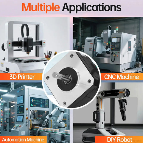 Images of 3D printer, CNC machine, automation machine, and DIY robot with focus on Ten Pack Nema 17 Stepper Motors 1.8 Degree 2 Phase.