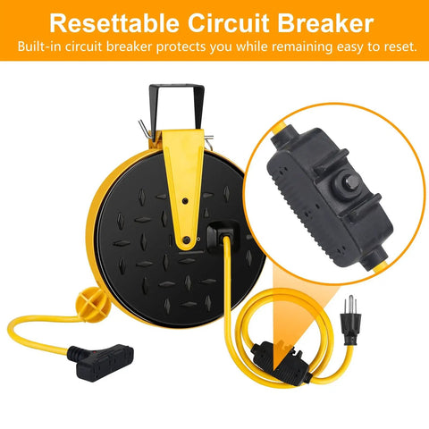 30 Foot Retractable Extension Cord Reel With 16 AWG SJTW Heavy Duty Cable, 3 Outlets And 10 Amp Circuit Breaker, Ceiling Or Wall Mountable In Metal Housing, UL Listed For Home Garage And Shop Use Built For Tough Jobs