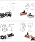 Diagram and close-up of Assorted Mini Micro Slide Switch Kit With 150 Pieces And 17 Styles 2Pin 3Pin 4Pin ON OFF ON Switches