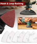 100 Piece Triangle Sanding Paper Set For Oscillating Tools, 60 80 100 120 240 Grit, Aluminum Oxide, Hook And Loop, Fits Standard Three And One Eighth Inch Pads, For Wood Metal Drywall Finishing, Durable Quick Change Sanding Sheets shown with tool and sheets
