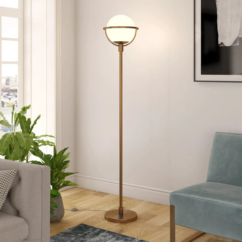 Globe And Stem Floor Lamp With White Glass Shade In Blackened Bronze For Living Rooms, Bedrooms, Or Offices, Tall 68 Inch Modern Glam Lighting
