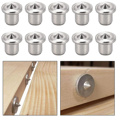 20 Piece Stainless Steel Dowel Center Pin Set for Woodworking Tools 1 Quarter Inch 6mm Hollow Dowel Centers displayed on wood