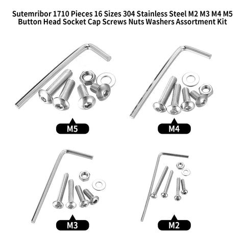 Heavy Duty Stainless Steel Metric Screw Assortment Kit Includes 1710 Pcs Of M2 M3 M4 M5 nuts bolts washers and hex wrench.