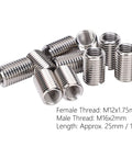 Ten stainless steel thread repair inserts; female M12x1.75 to male M16x2, approx. 25 mm long.