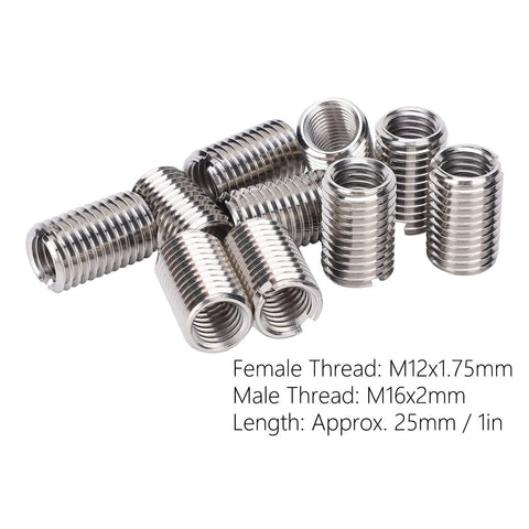 Ten stainless steel thread repair inserts; female M12x1.75 to male M16x2, approx. 25 mm long.