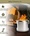Fire Pit Trolley Stand For Solo Stove Bonfire And 19.5 Inch Fire Pits Heavy Duty Portable Base With Support Arm For Easy Mobility Smokeless Fire Pit Accessory next to a camping tent with illustrated features like heavy-duty steel and swivel wheels.