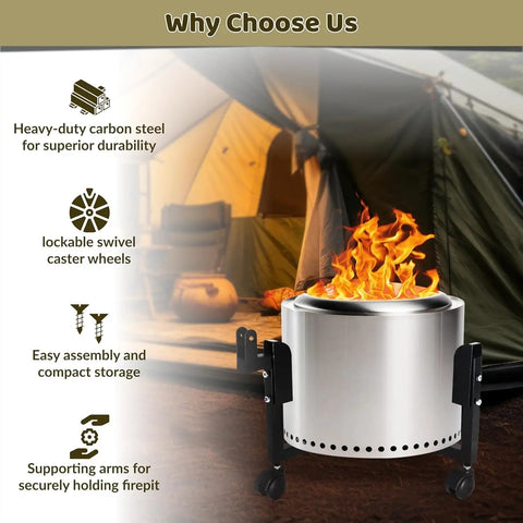 Fire Pit Trolley Stand For Solo Stove Bonfire And 19.5 Inch Fire Pits Heavy Duty Portable Base With Support Arm For Easy Mobility Smokeless Fire Pit Accessory next to a camping tent with illustrated features like heavy-duty steel and swivel wheels.