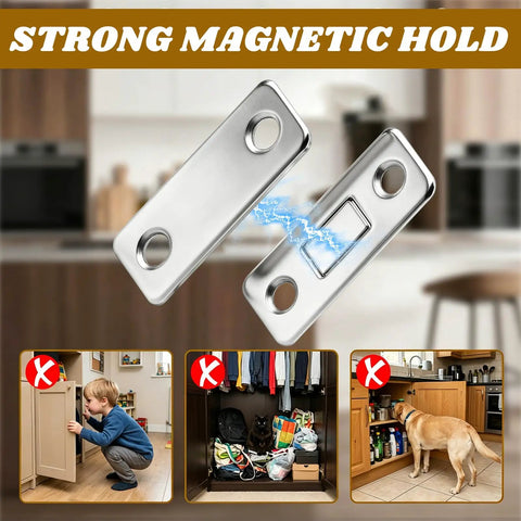 No Drill Magnetic Cabinet Door Catch Set with heavy duty stainless steel latches, showing strong magnetic hold in a kitchen setup