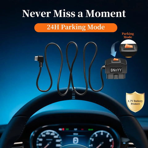 OBD2 to USB C Dash Cam Power Adapter With Hardwire Kit over steering wheel showing 24H Parking Mode