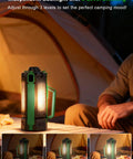 Massive 15000mAh Rechargeable Telescopic Camping Light Lantern on table with tent in background, dimming feature visible