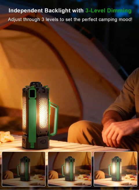 Massive 15000mAh Rechargeable Telescopic Camping Light Lantern on table with tent in background, dimming feature visible