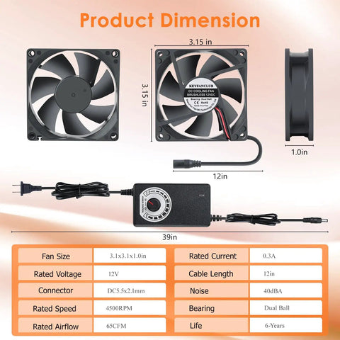 Keep Your Rig Chill With This 80Mm Adjustable Computer Cooling Fan Featuring Multi Voltage AC Plug And Quick Twist Control Knob For Gaming PCs Modems Cabinets Terrariums And Greenhouses dimensions with size details