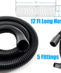 12 Foot Dust Collection Vacuum Hose Kit With Five Fittings for Woodworking and Home Shop Use, showing coiled flexible black hose and fittings