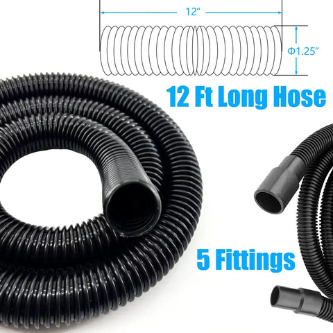 12 Foot Dust Collection Vacuum Hose Kit With Five Fittings for Woodworking and Home Shop Use, showing coiled flexible black hose and fittings