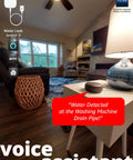 Smart Water Leak Sensor With 105dB Built In Siren, Alexa And IFTTT Compatible next to a smart speaker in a cozy living room.
