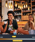 Group of friends enjoying coffee under Four Pack LED Edison Bulbs 6W 750 Lumens 2700K Warm White, 83 Plus CRI lighting in a cafe.