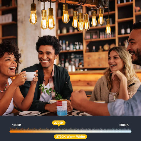 Group of friends enjoying coffee under Four Pack LED Edison Bulbs 6W 750 Lumens 2700K Warm White, 83 Plus CRI lighting in a cafe.