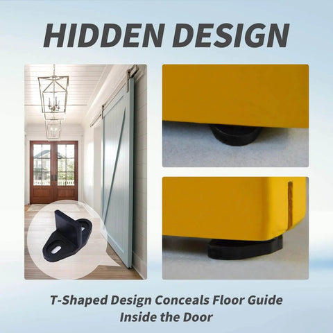 4 Pack Black Floor Guides For Sliding Barn Door Hardware T Shape Floor Mounted Bottom Track Guides For Barn Bypass Pocket And Closet Doors With Easy Installation And Included Screws showing installation details
