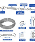 All In One One Sixteenth Inch Vinyl Coated Stainless Wire Rope Kit, 50ft 7x7 Tension Cable with M5 turnbuckles and clamps