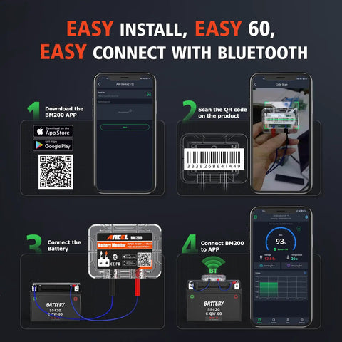 12V Car Battery Tester With Bluetooth For Lead Acid And Lithium Batteries BM200 US Battery Monitor Voltage Cranking And Charging System Tests Real Time Trip Records And Abnormal Alarm Easy Setup, app pairing guide