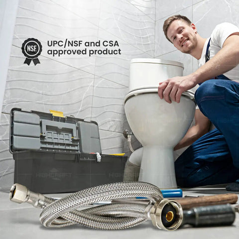 Plumber installing 16 Inch Flexible Toilet Water Supply Line With Braided Stainless Steel Hose Connector in a bathroom