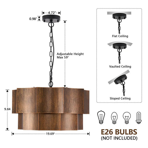 XSDeTu Farmhouse Metal Pendant Light, 2‑Tier Chandeliers for Dining Room showing adjustable height and dimensions.