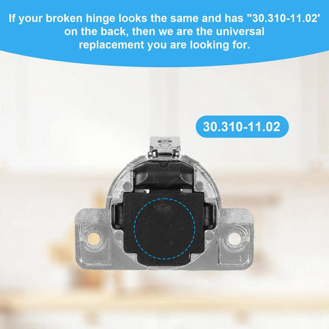 Focus on 30.310-11.02 stamp on metal hinge in Eight Pack Cabinet Hinge Replacement Set For 110 Degree Compact 33 Hinges, Screw In Design