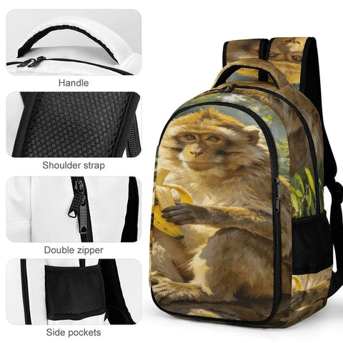 Jungle Monkey Banana Printed Unisex Backpack with large capacity, durable polyester, smooth zipper, and breathable comfort features.