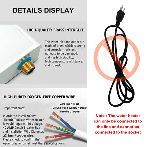 5500W Mini Electric Tankless Water Heater with Remote and Digital Display wiring and installation details