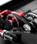 Close-up of Race-Grade TT02 Belt Drive RC Car Transmission System with 36T aluminum pulley and 16T gear, red for Tamiya 1/10 4WD