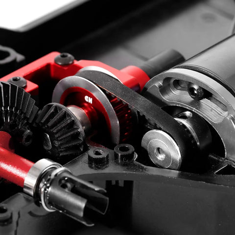 Close-up of Race-Grade TT02 Belt Drive RC Car Transmission System with 36T aluminum pulley and 16T gear, red for Tamiya 1/10 4WD