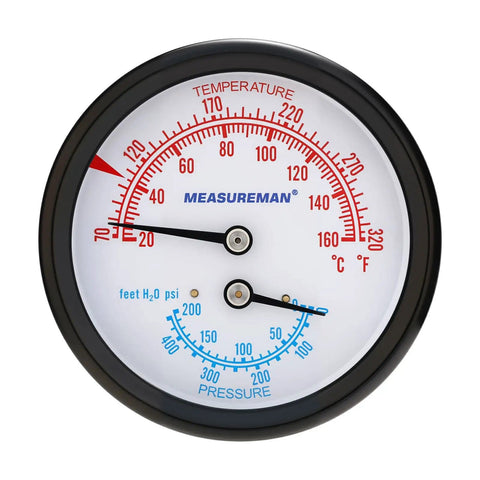 Dual-Display Tridicator Boiler Gauge Kit Commercial Grade With 2.5 Inch Dial For Temperature And Pressure 0-75 PSI And 70-320 Fahrenheit