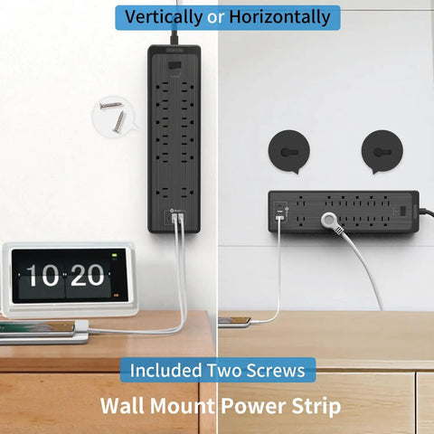 15 Ft Extension Cord Flat Plug Surge Protector Power Strip With USB, 12 Outlets, shown wall-mounted with included screws