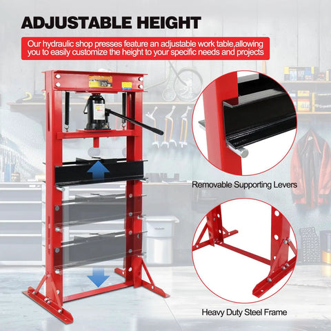Heavy Duty 20 Ton Hydraulic Shop Press, Adjustable H Frame Floor Press With Thick Steel Plates For Shop Dogs And Metal Straightening, Rock Solid Red Build showcasing adjustable height, removable supporting levers.