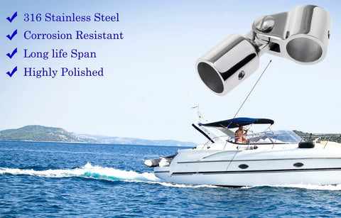 12 Piece Bimini Top Hardware Kit With Eye End Caps, Jaw Slides And Deck Hinges, Quick Release Pins, Pro Grade Stainless Steel 316 Marine Fittings For 1 Inch Canopies showing stainless steel fitting in use on a boat at sea.