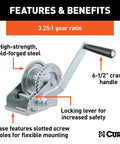 Beefy Manual Hand Crank Boat Trailer Winch For Hauling And Loading, 900 Lb Capacity, Six And A Half Inch Handle, Three Point Two Five To One Gear Ratio, Clear Zinc Finish, Versatile Mounting With Slotted Holes And Ratcheting Lock. Side view with 3.25:1 gear ratio, locking lever, and 6.5-inch crank handle.