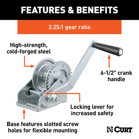 Beefy Manual Hand Crank Boat Trailer Winch For Hauling And Loading, 900 Lb Capacity, Six And A Half Inch Handle, Three Point Two Five To One Gear Ratio, Clear Zinc Finish, Versatile Mounting With Slotted Holes And Ratcheting Lock. Side view with 3.25:1 gear ratio, locking lever, and 6.5-inch crank handle.