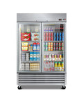 Heavy Duty Badass 54 Inch Commercial Refrigerator With Two Glass Doors And 49 Cubic Feet Capacity showcasing drinks and groceries.