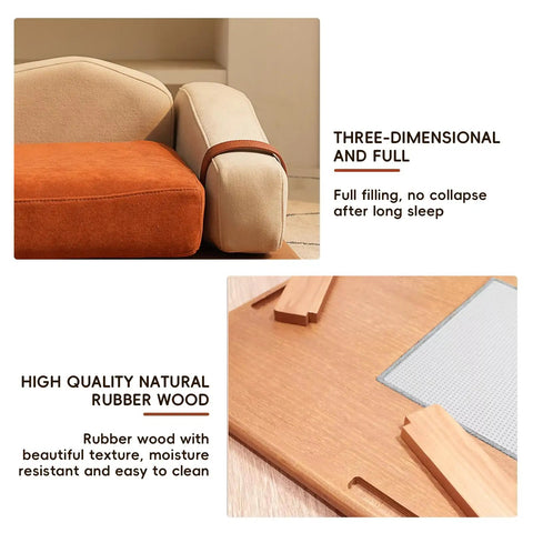 Close-up view of the Modern Wooden Pet Hangout Haven With Swinging Toy, Built Like A Tank Oak Veneer Sofa Bed, showing high quality rubber wood.