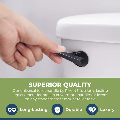 Hand installing a durable metal toilet handle replacement with brass tank lever arm for front mount toilet tanks universal fit and chrome finish.