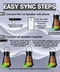 Instructions for syncing Lit LED Flame Tiki Torch Bluetooth Speaker Set with phone and other speakers using Bluetooth mode.