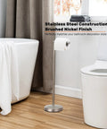 Freestanding Toilet Paper Holder With Four Roll Reserve SUS304 Stainless Steel Base Brushed Nickel Finish beside bathtub
