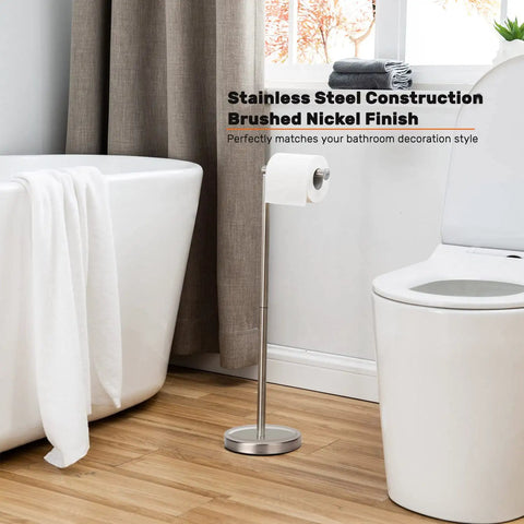 Freestanding Toilet Paper Holder With Four Roll Reserve SUS304 Stainless Steel Base Brushed Nickel Finish beside bathtub