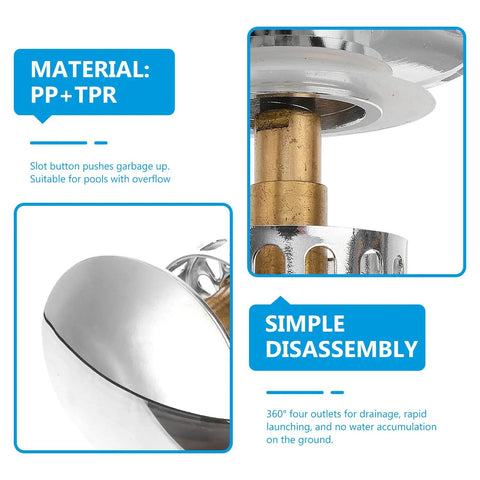 Copper Round Bathtub Plug with Slotted up Waste for Overflow Basins showing push button slot mechanism and drainage design.