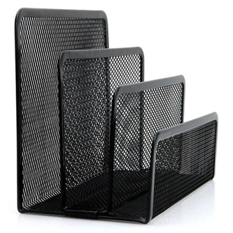 Durable Home Office Mail Sorter And File Organizer Tray Set with black metal mesh design, three compartments for documents and bills.