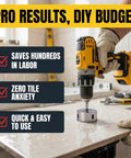 Using Two And A Half Inch Diamond Hole Saw For Tile Glass Porcelain And Stone with drill on tile, showing ease and efficiency.
