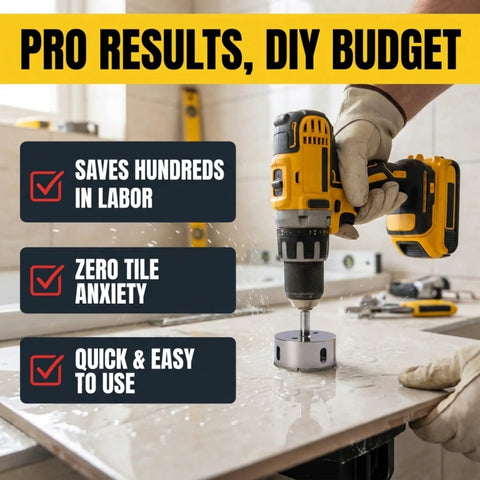 Using Two And A Half Inch Diamond Hole Saw For Tile Glass Porcelain And Stone with drill on tile, showing ease and efficiency.