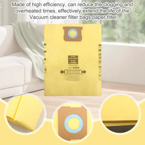 Top Shelf Disposable Vacuum Bags For Shop Vac Wet Dry Cleaners High Efficiency Dust Traps, yellow filter sack 15-22 gallons for workshop use.
